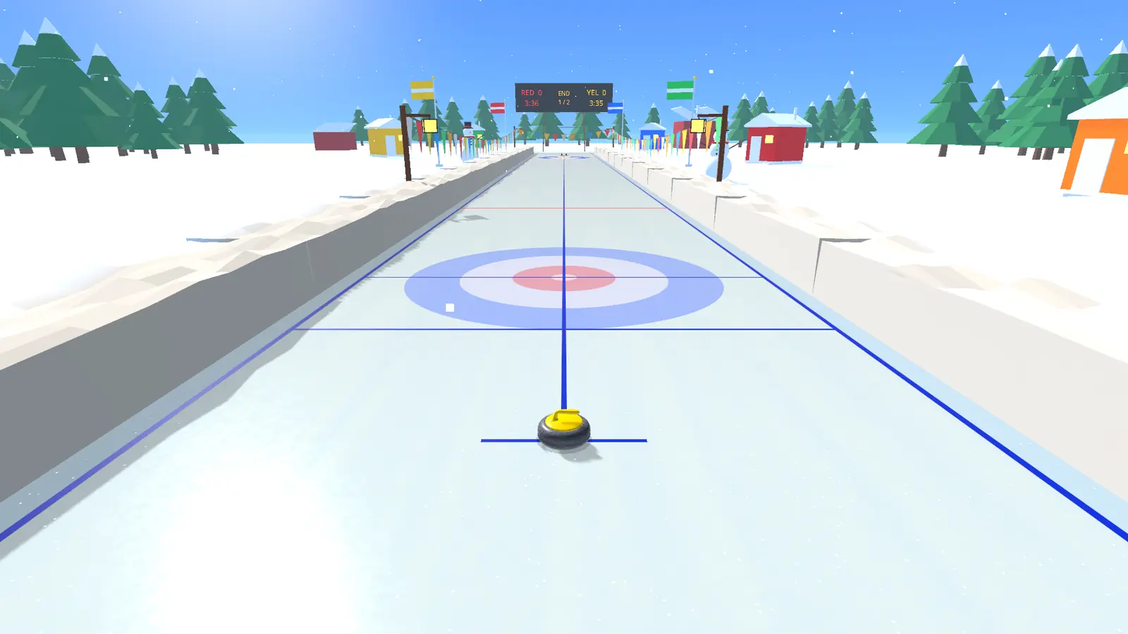 The Frozen Lake: a sheet on open ice with pine trees, bunting and a wooden scoreboard