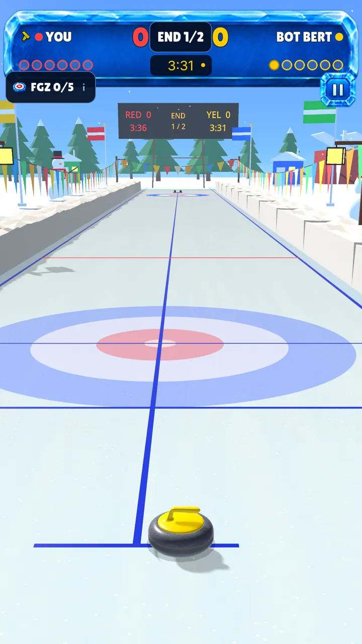 Gameplay: aiming a yellow stone down the frozen lake sheet